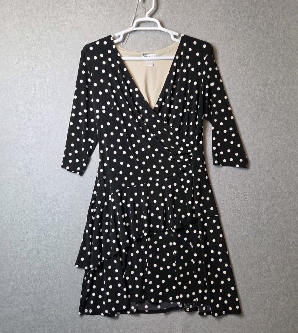 Robbie Bee Black Polka Dot Tiered Faux Wrap Knee Length Dress Women's Plus 1X